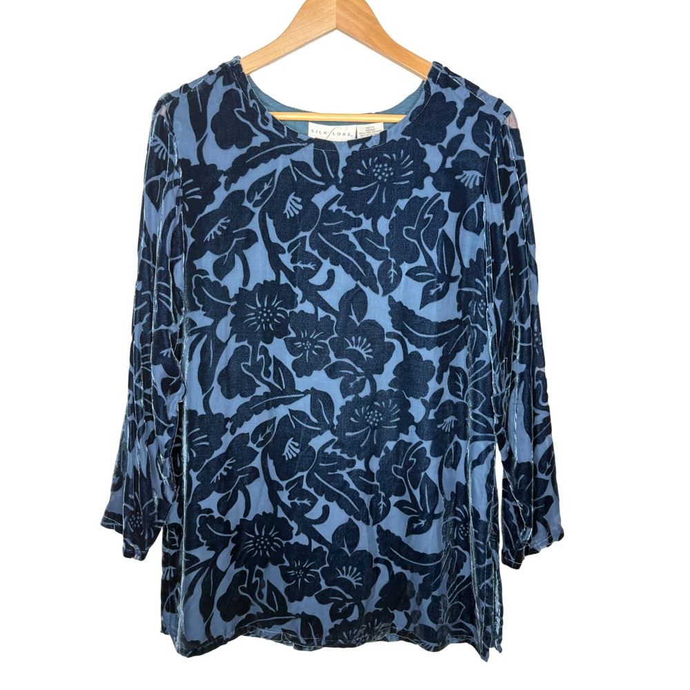 Silk Lore By Beth Terrell Blue Floral Velvet Burnout Top Silk Blend Medium‎ NWT